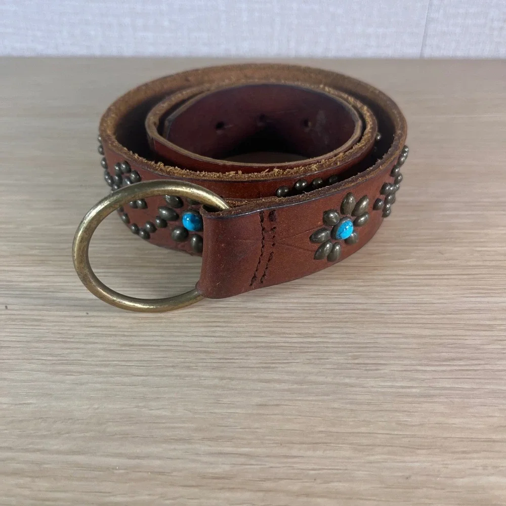 Vintage Brown Leather Studded Floral Turquoise Belt O-Ring Western Boho Cowgirl
